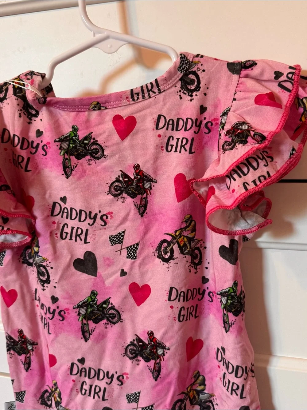 Daddy's Girl Bamboo Pink Motorcycle Dirt Bike Short Sleeve Flutter Tee 3T